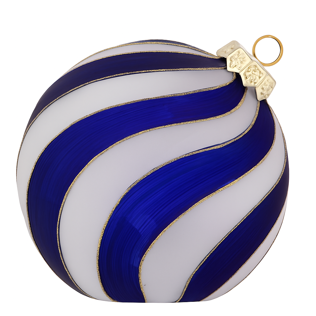 Sfera natalizia obliqua blu e bianca con glitter dorati e LED integrato Ø15 cm.