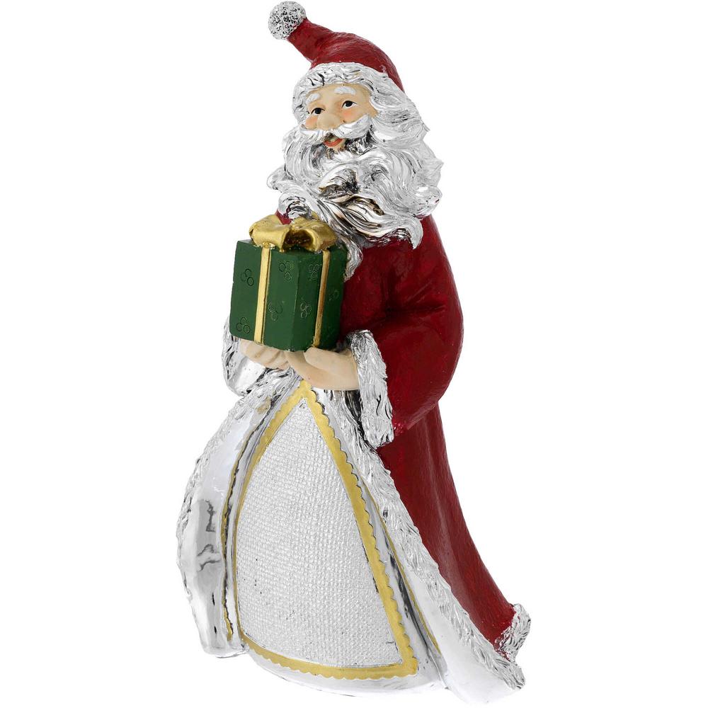 Figura decorativa di Babbo Natale Bagutta h21 con pacco regalo verde e dettagli in argento e rosso