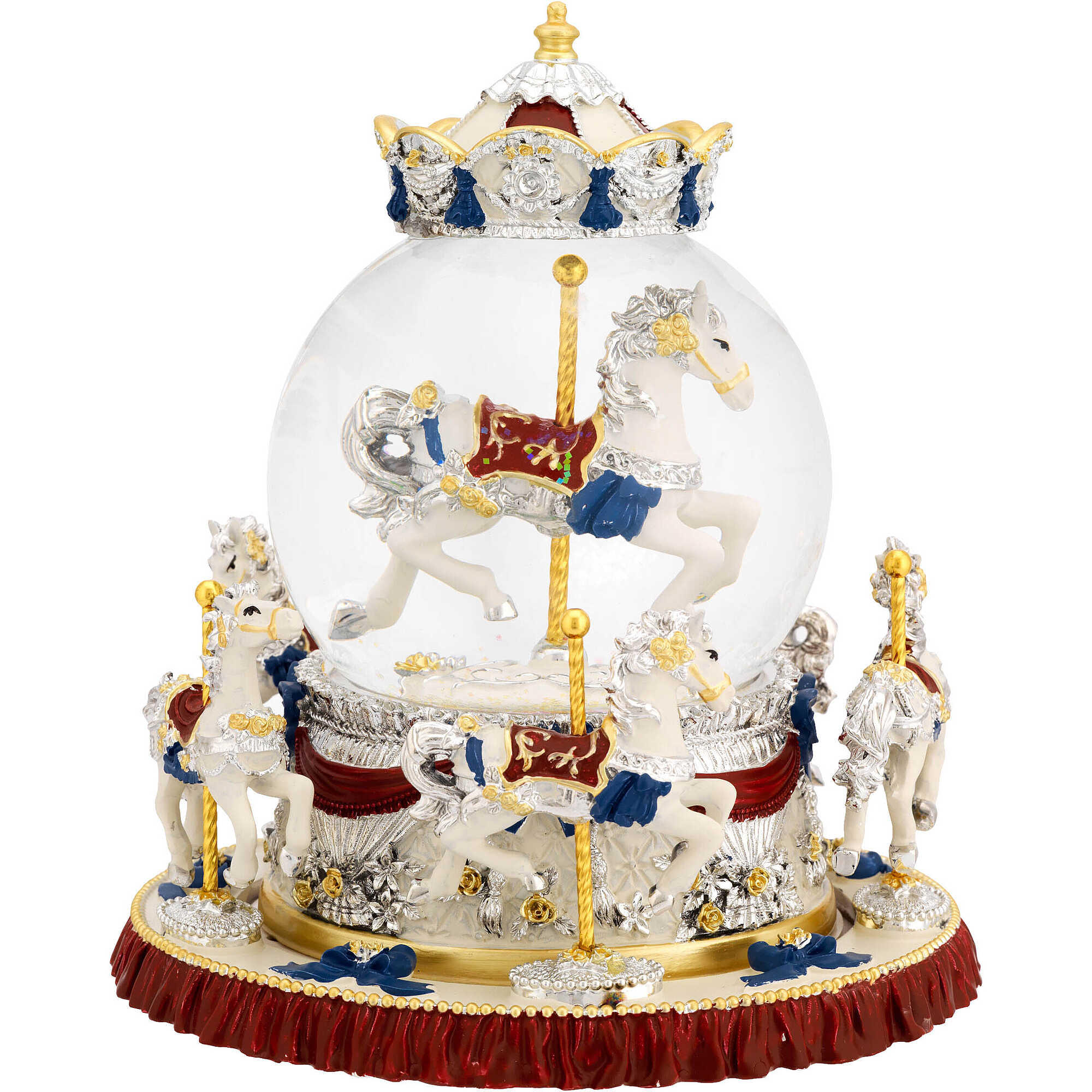 Sfera carillon Bagutta con giostra di cavalli decorata in argento, oro e smalto.